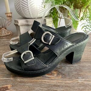 Born | Leather Strappy Wedge Stacked Heel Sandals Shoes Black Women’s 9 M